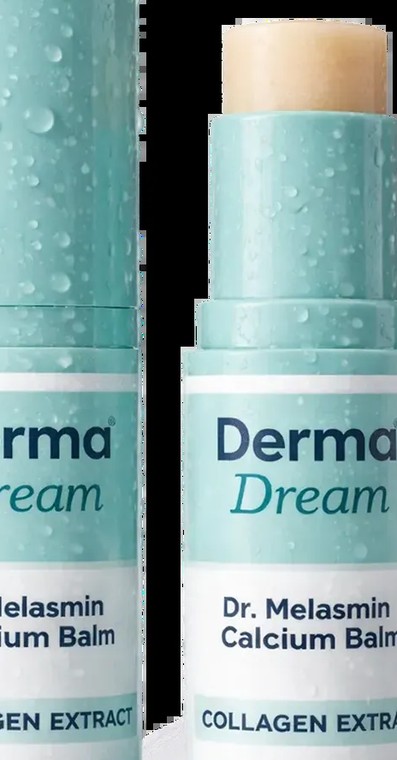 Close up of the Dr. Melasmin stick showing the cream coloured balm and the collagen extract wording