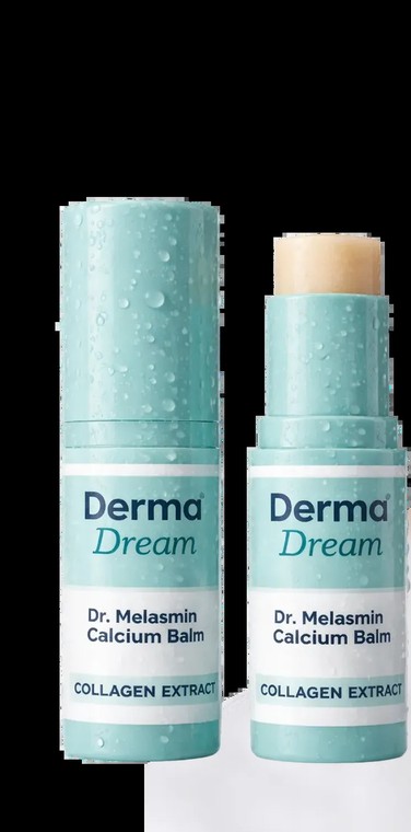 Dr. Melasmin Calcium Balm stick and case, pale mint packaging labelled Derma Dream collagen extract