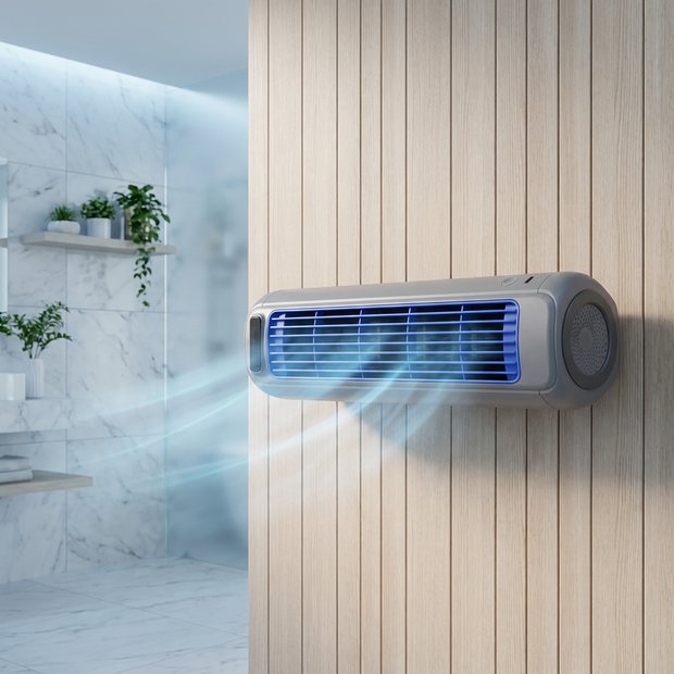Froza AC mounted on a wall panel with the vent lit blue