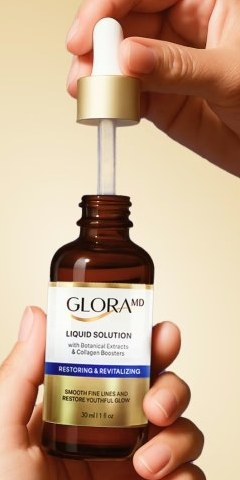 Pipette wird aus der GloraMD Flasche gehoben, Etikett mit Restoring and Revitalizing lesbar