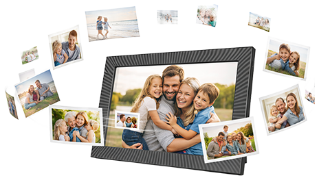 Snapshots from many family members converging into the MemFrame display