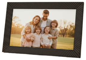MemFrame 10.1-inch WiFi photo frame with a ribbed charcoal bezel showing a family photo taken at golden hour