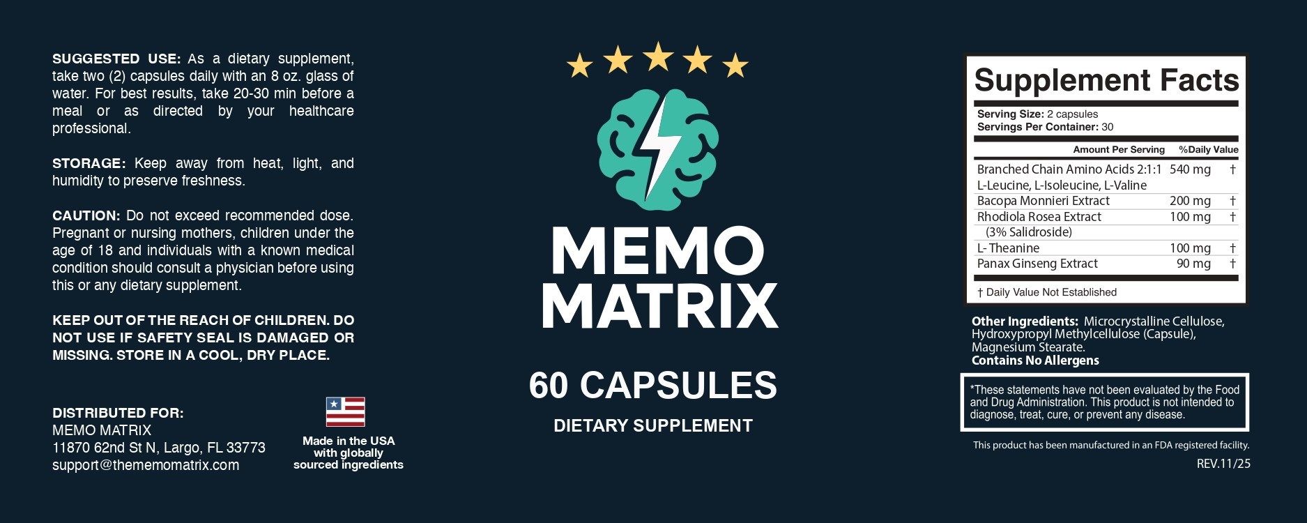 Full Memo Matrix label with front panel, suggested use and Supplement Facts