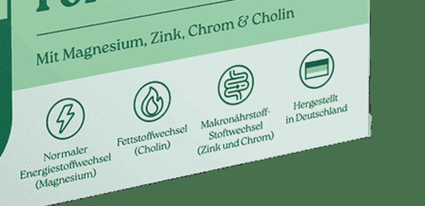 Nahaufnahme der Nutrivea Packung mit den Angaben Normaler Energiestoffwechsel Magnesium, Fettstoffwechsel Cholin, Makronaehrstoff-Stoffwechsel Zink und Chrom