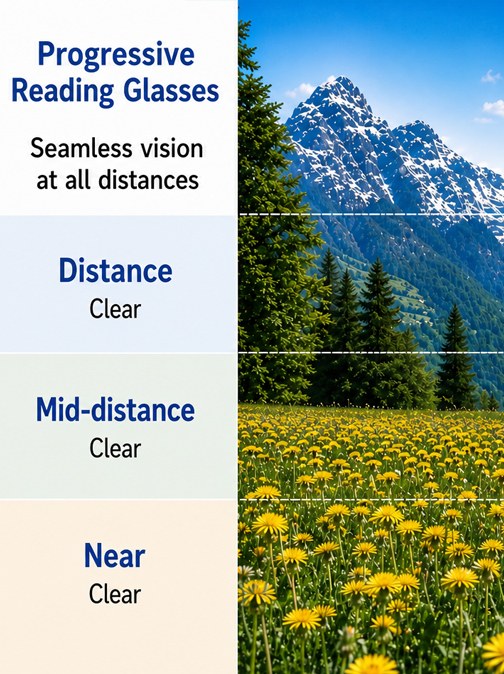 Seller comparison chart showing progressive reading glasses clear at distance, mid distance and near