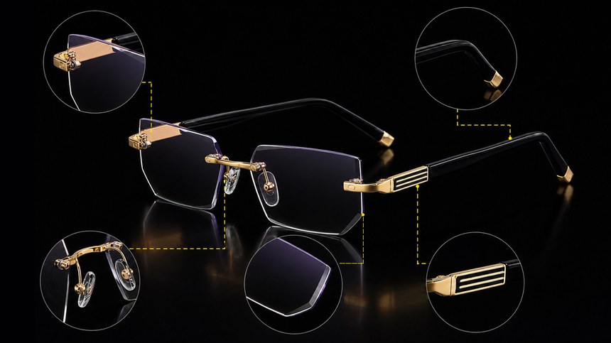 Detail shot of the rimless VisionFlex frame and temple arms on a dark background