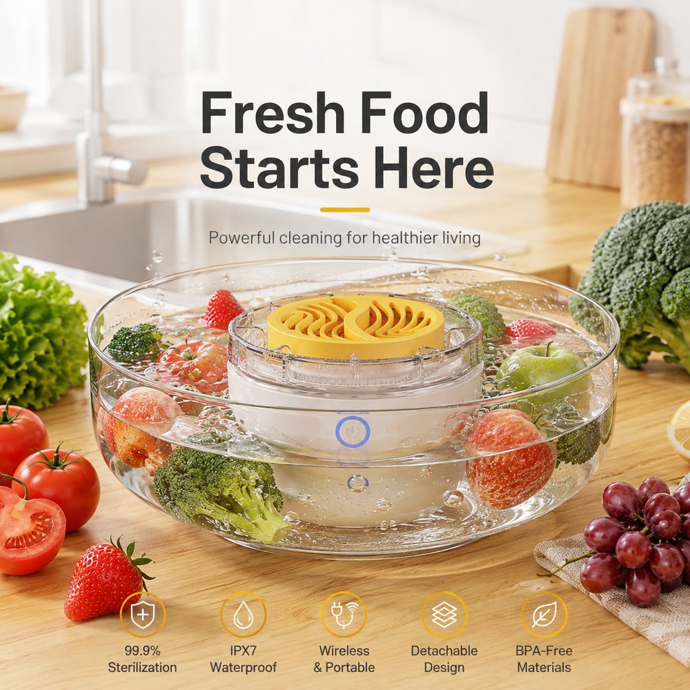 ZapClean countertop produce washer in a bowl of water with vegetables